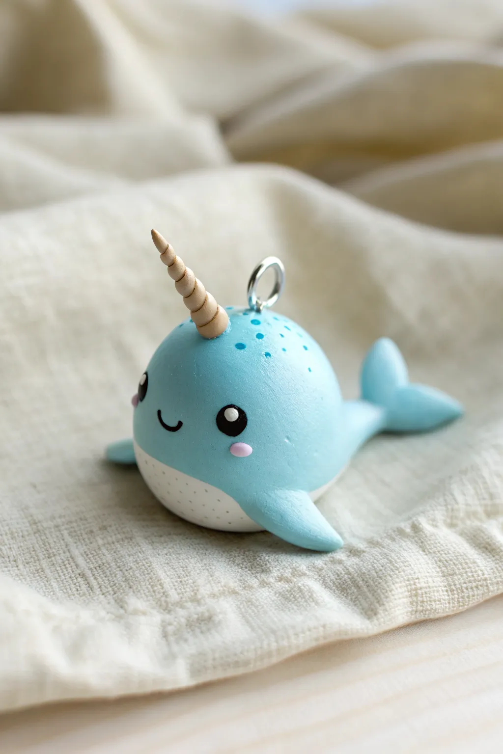 Soft blue polymer clay narwhal charm with a spiral horn in calm Scandinavian minimal style