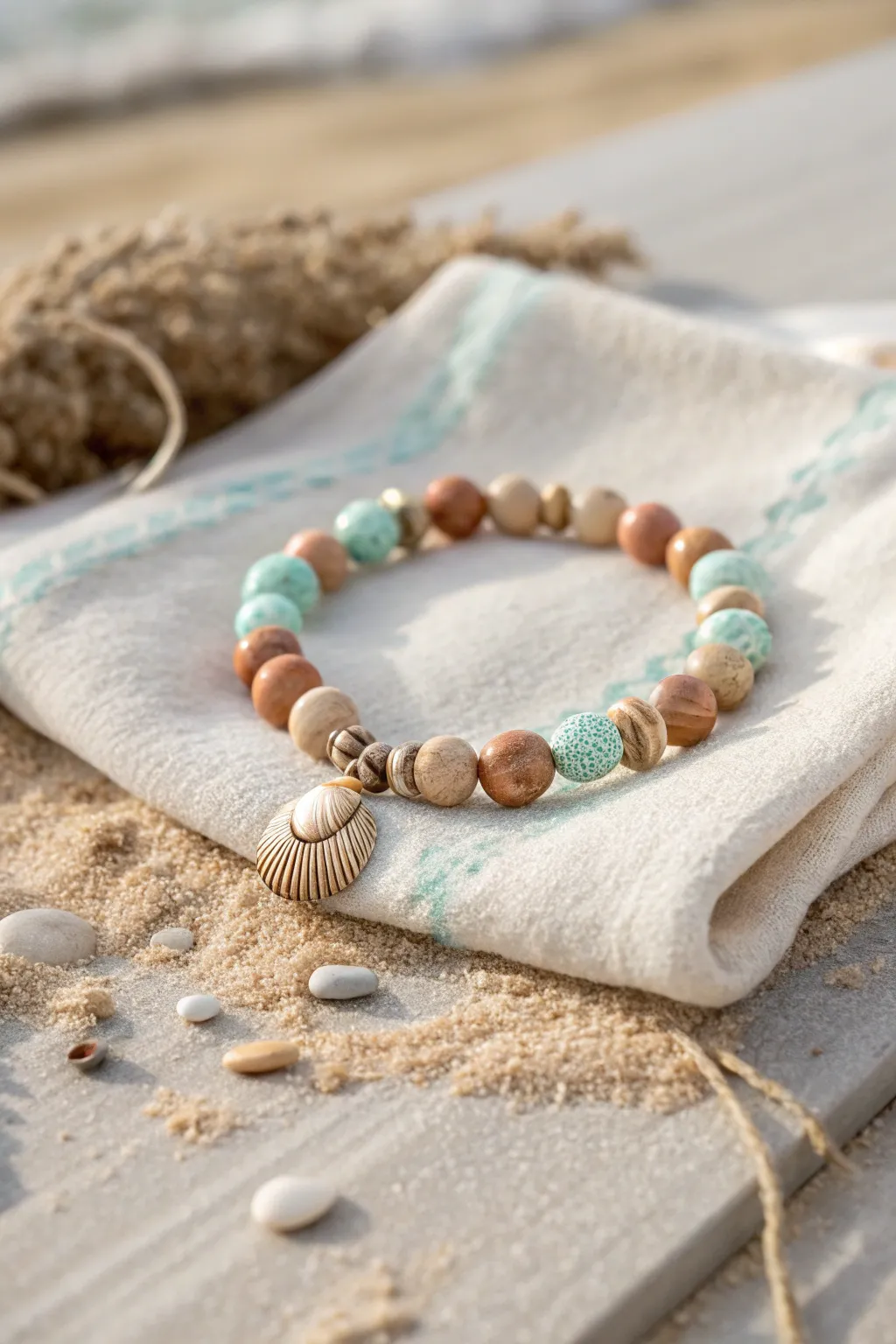 Beachy clay bead bracelet with a centered shell charm in sandy neutrals and soft aqua tones.