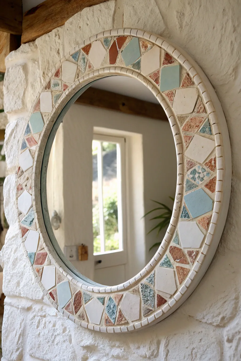 Round mirror with smooth grouted broken china mosaic border, minimal and softly boho