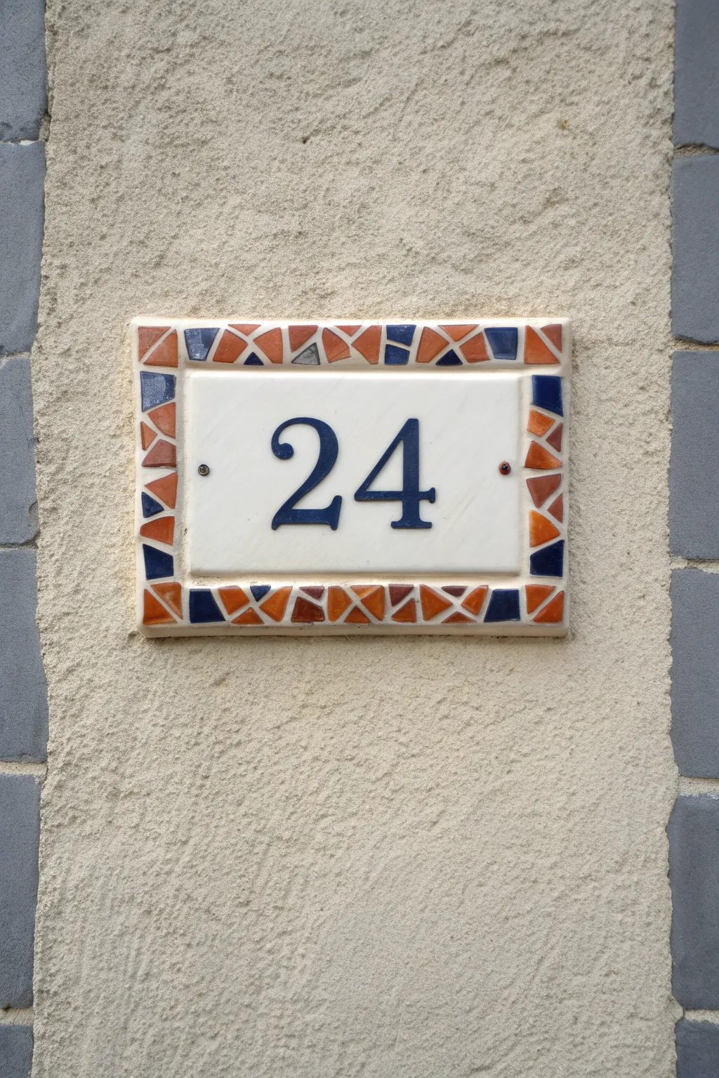 Minimal house number plaque framed with broken plate mosaic, simple DIY charm for your entryway.