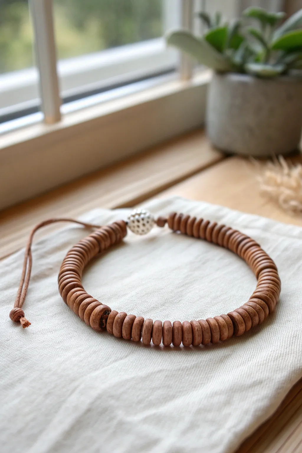 Textured ribbed brown clay disc bead bracelet, minimalist boho style in warm neutrals