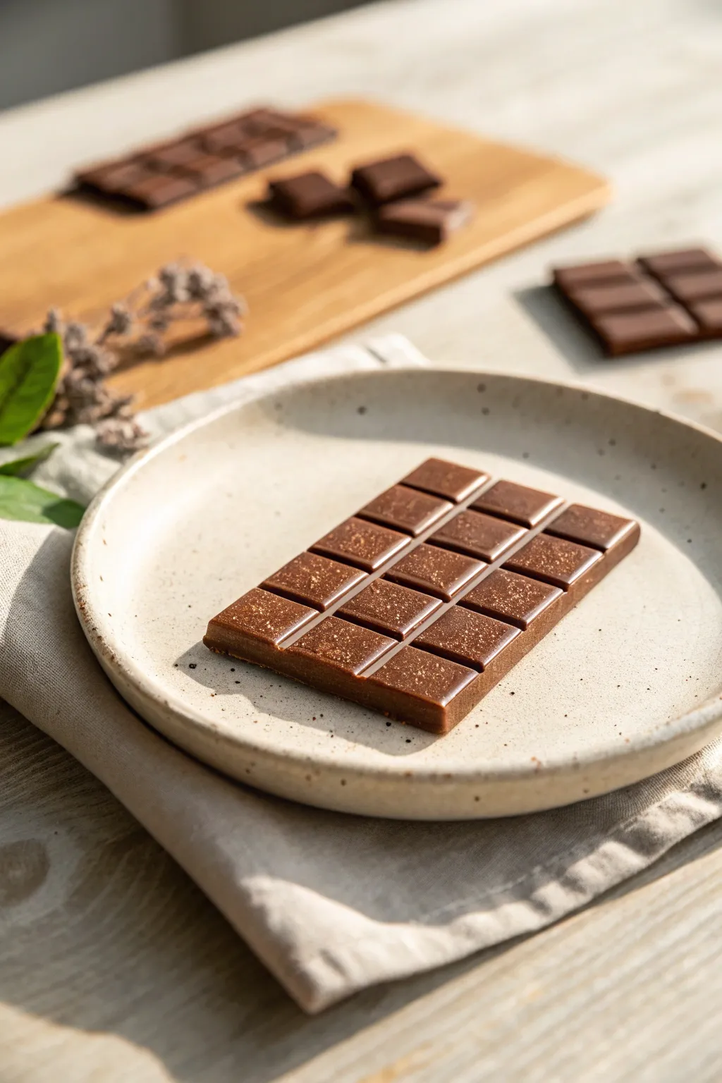 Mini chocolate-bar clay tiles in warm brown, crisp segments, minimalist candy-display styling.