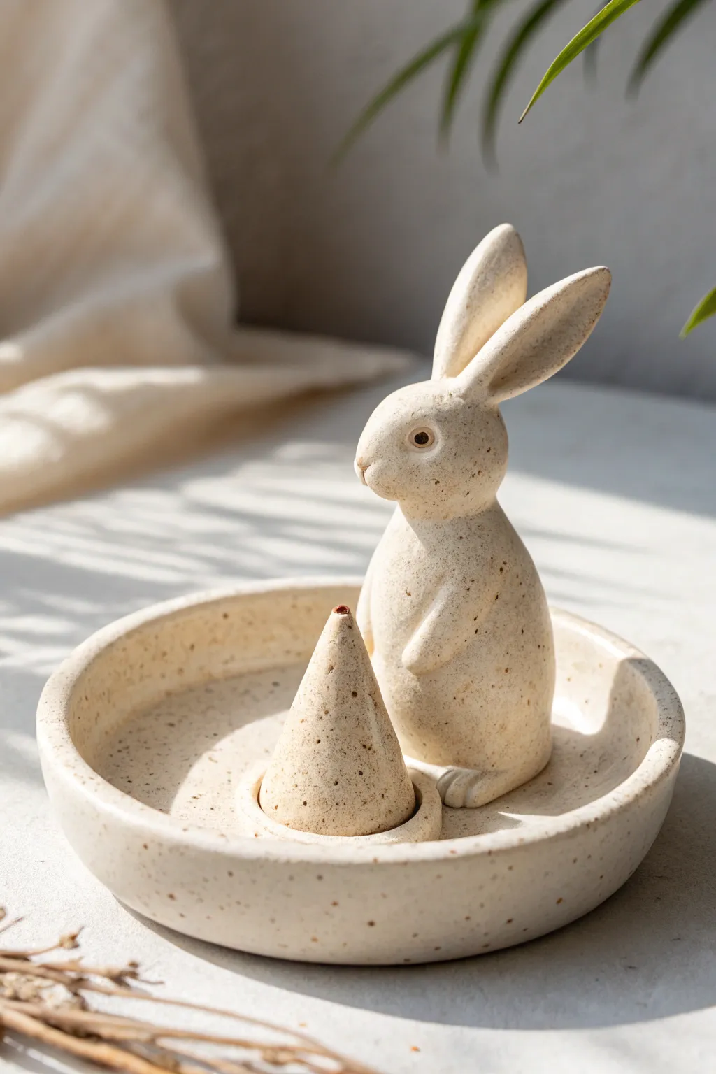 Simple bunny incense cone holder in matte clay, a cozy minimalist touch for calm evenings.