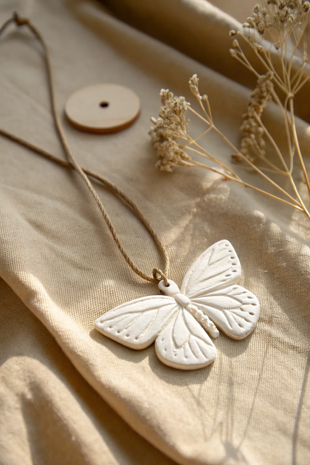 Minimal butterfly clay pendant with soft symmetry lines, strung on linen cord in warm light.