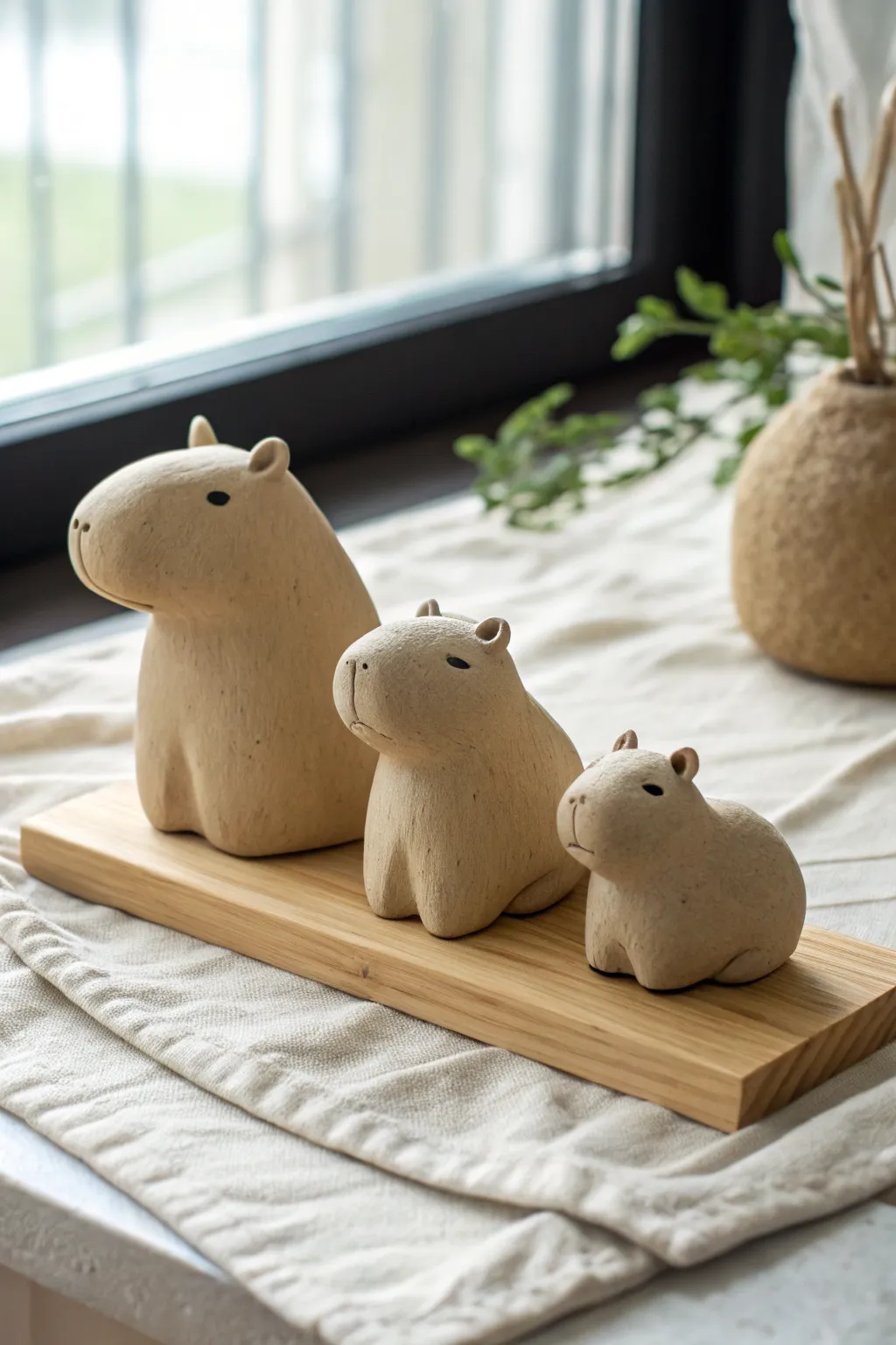 Capybara family set in three sizes, simple clay shapes with calm Scandinavian boho charm