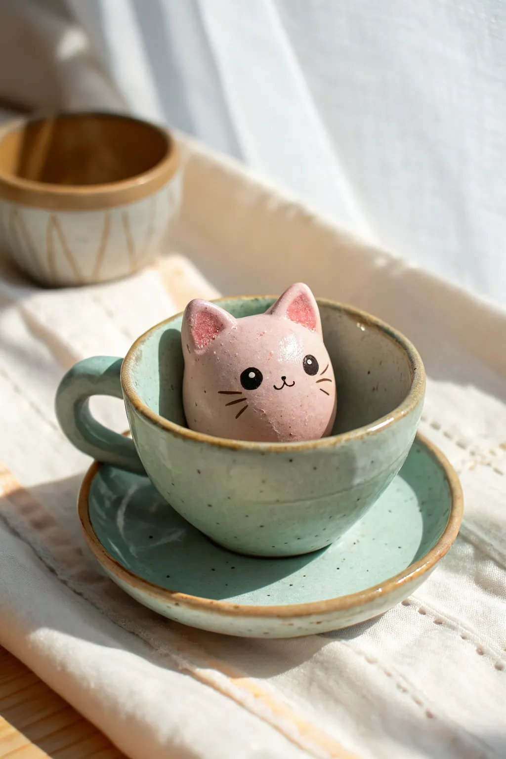A tiny clay kitten peeking from a pastel cup, cute cartoon charm with minimalist Nordic calm.