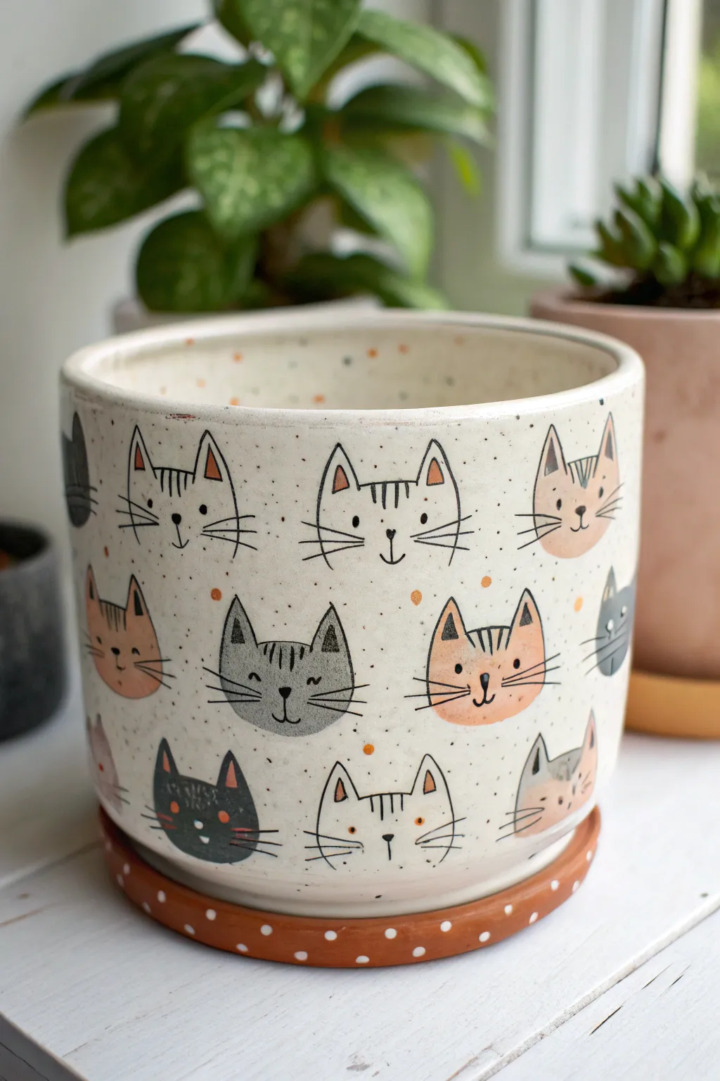 Medium planter with a charming crowd of tiny cat faces in a soft, minimalist palette.
