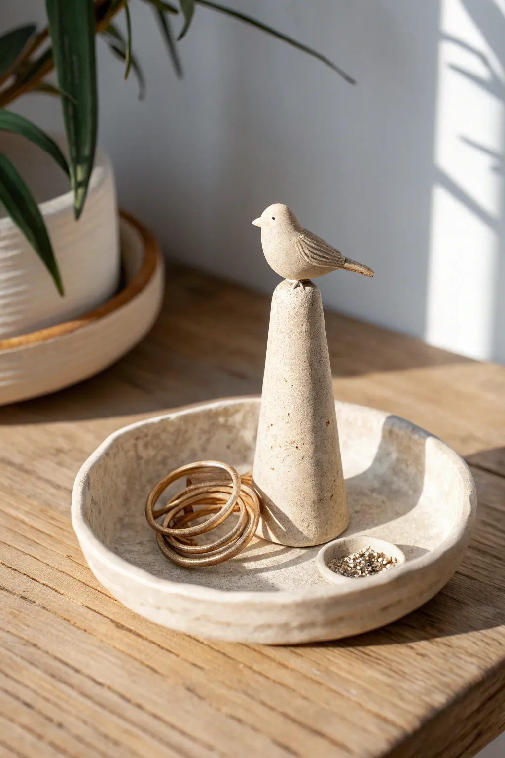 Minimal bird ring holder with a perch, handcrafted ceramic charm for a calm, tidy vanity.