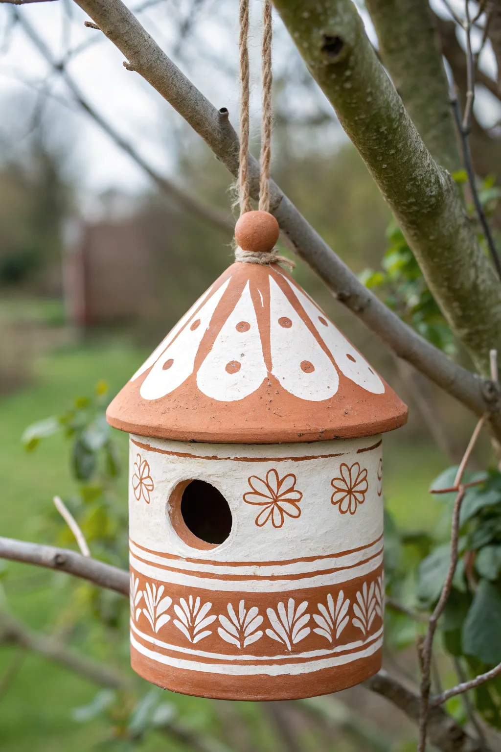 Minimal sgraffito birdhouse with bold contrast, a calm Scandinavian boho statement piece.