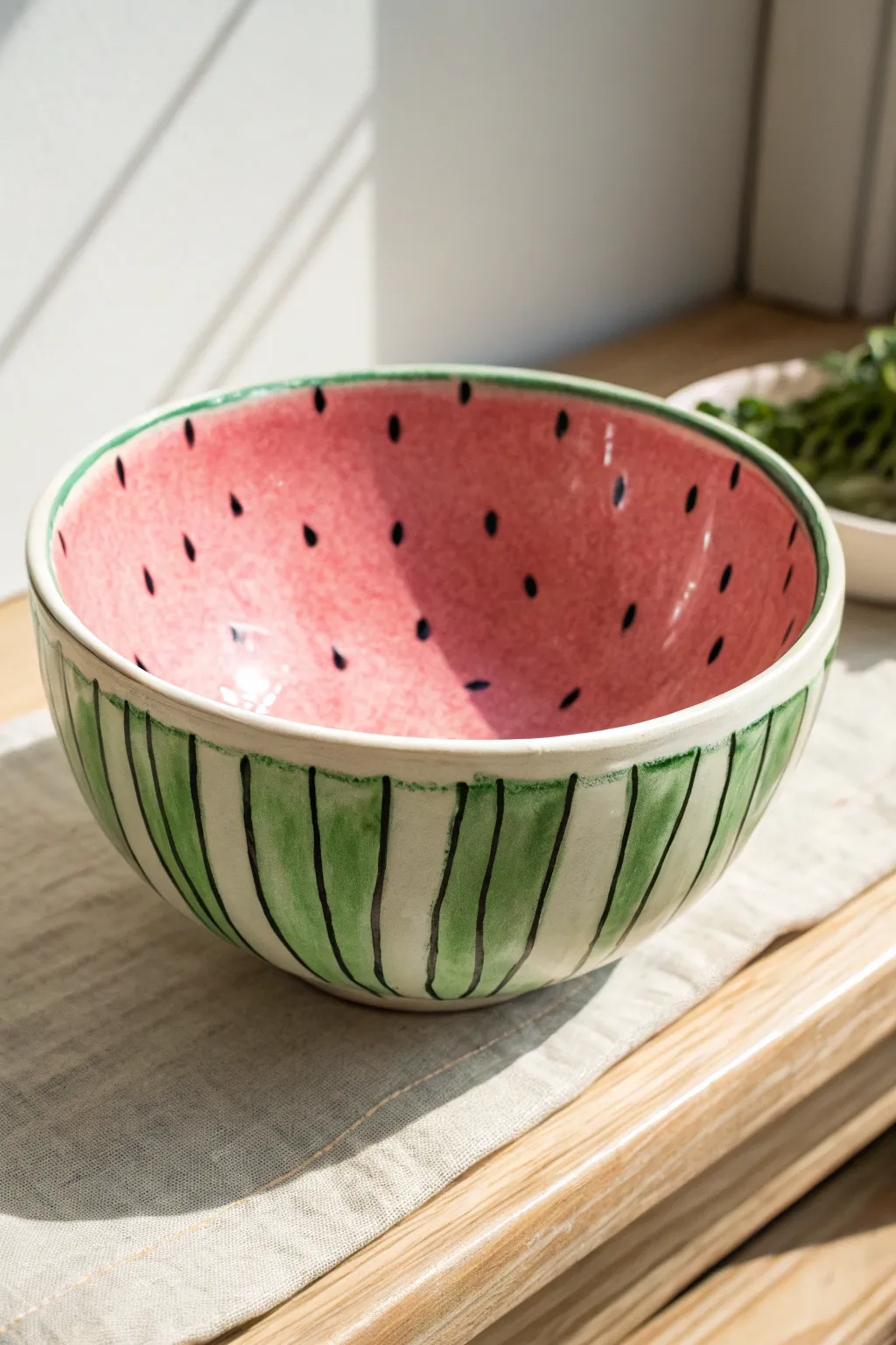 Watermelon color blocked bowl with pink interior, black seed dots, and green striped exterior.