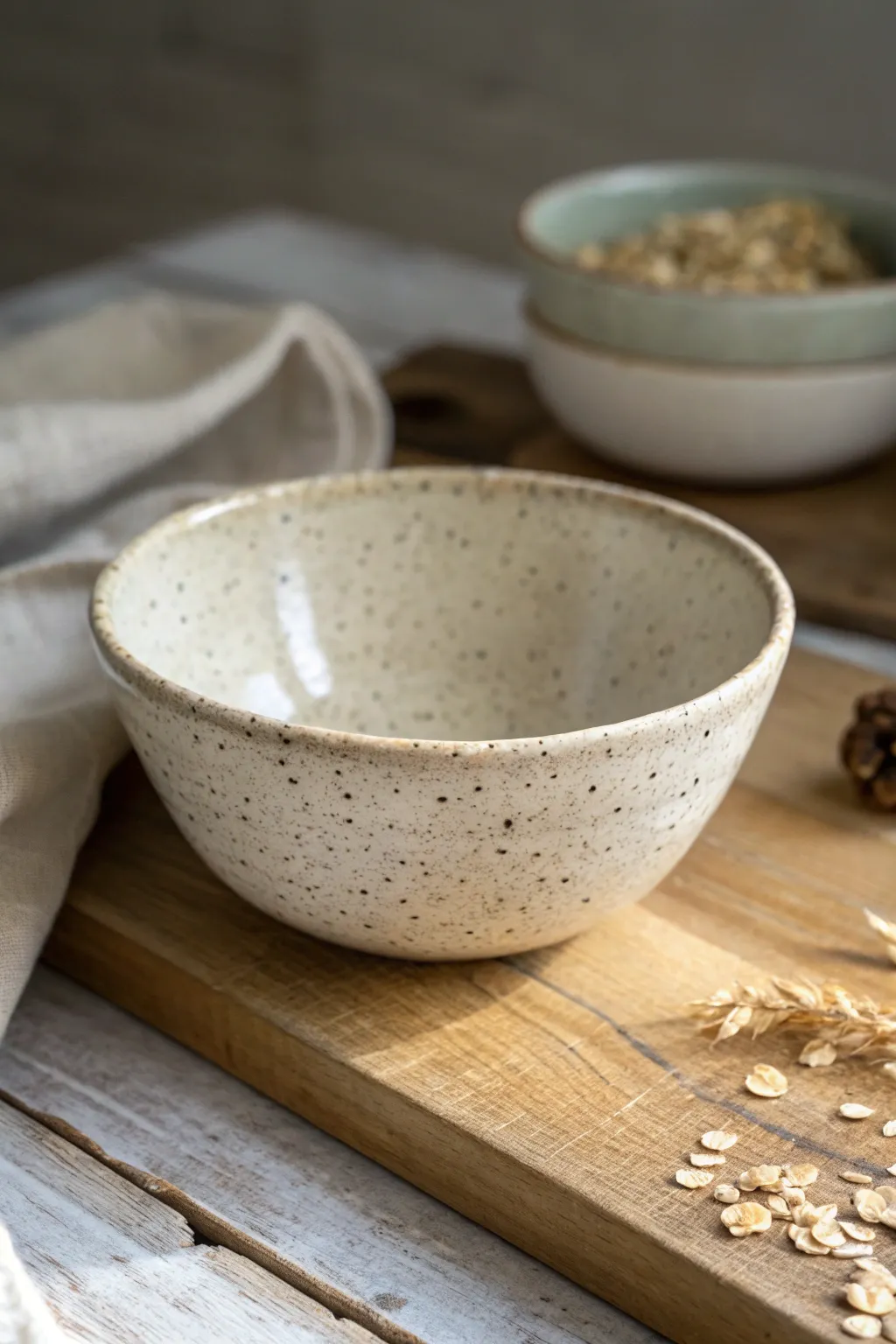 Speckled oatmeal stoneware bowl on rustic wood for a cozy, earthy handmade kitchen vibe.