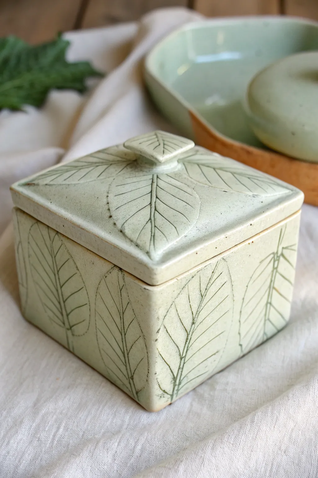 Leaf-impressed slab box with matching lid print, glazed to deepen every botanical vein