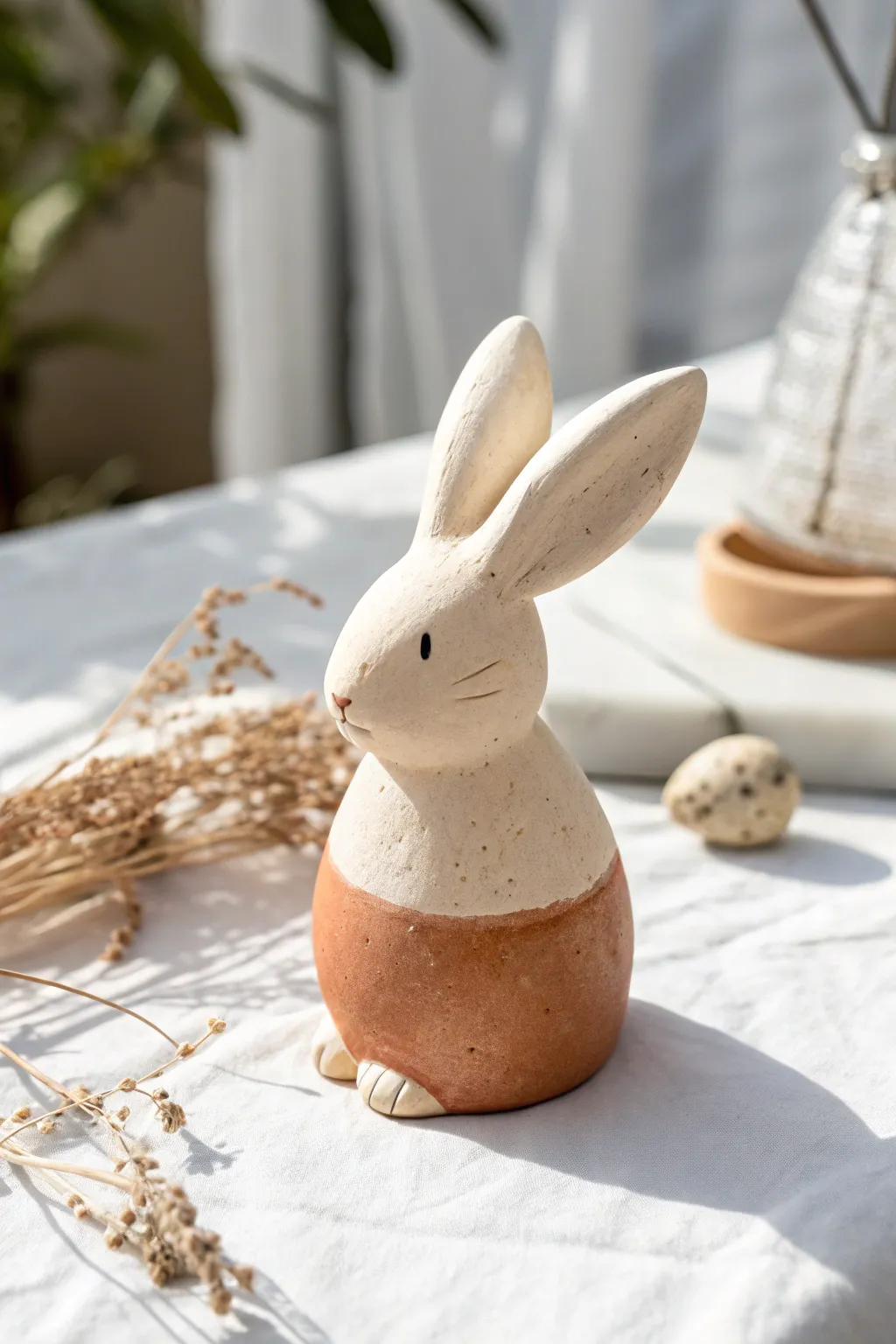 Minimal two tone dipped ceramic bunny in cream and terracotta for chic spring decor.