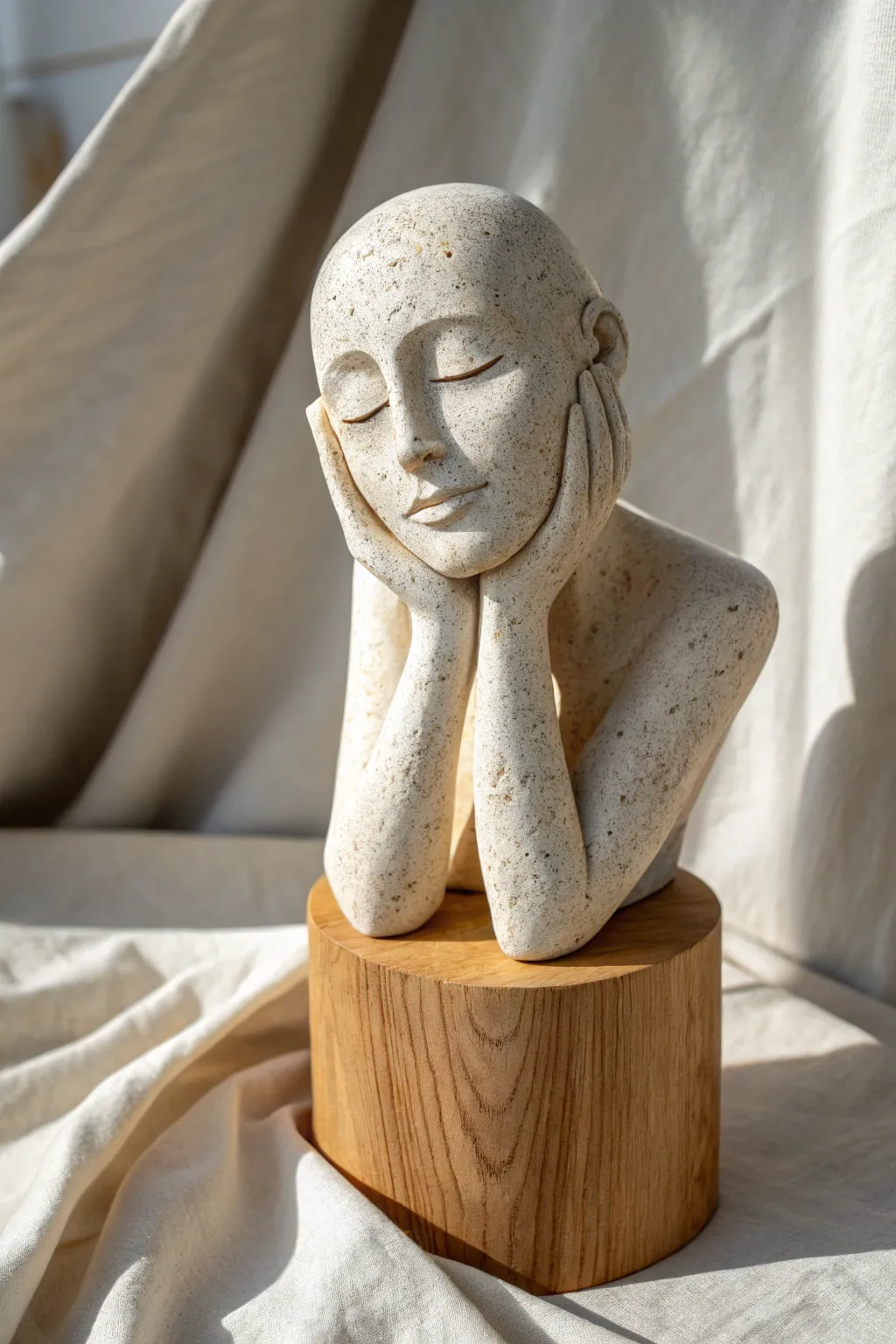 Soft ceramic bust with hands cradling the face, a simple gesture that feels deeply calming.