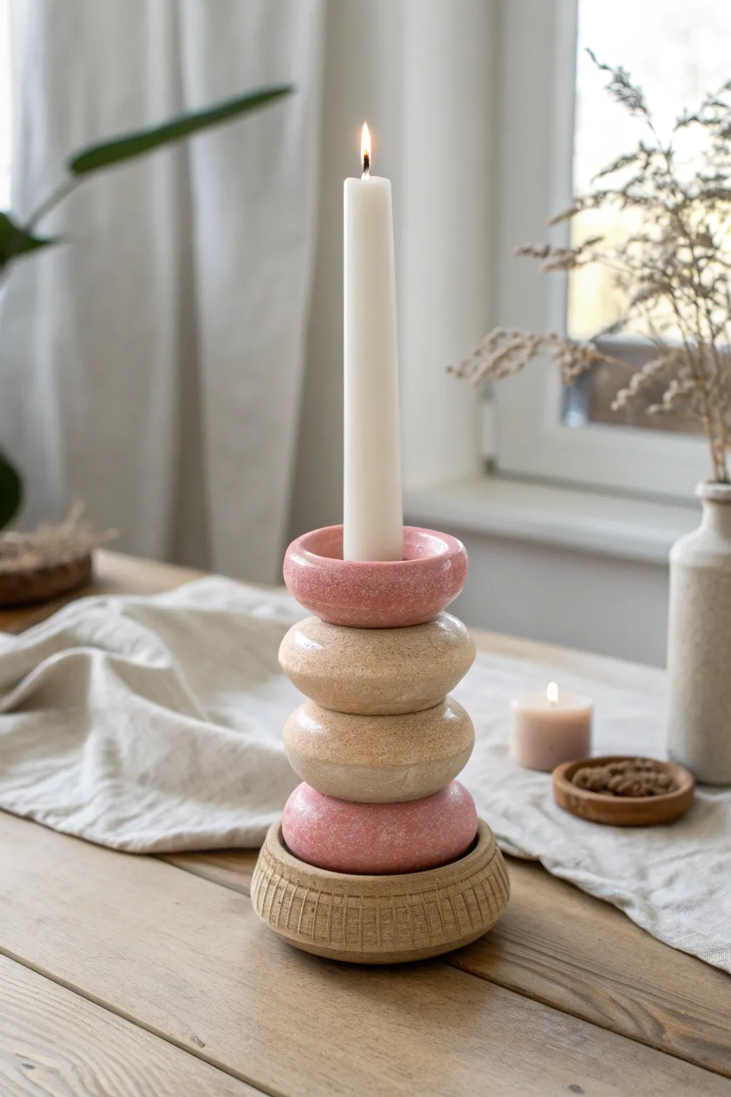 Warm pastel stacked ceramic candle holder, Scandinavian minimal with a hint of boho, handmade and cozy.