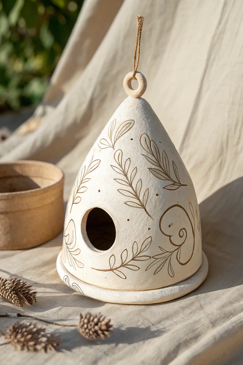 Bell-shaped ceramic birdhouse with sgraffito swirls, crisp shadows, and warm minimalist tones.