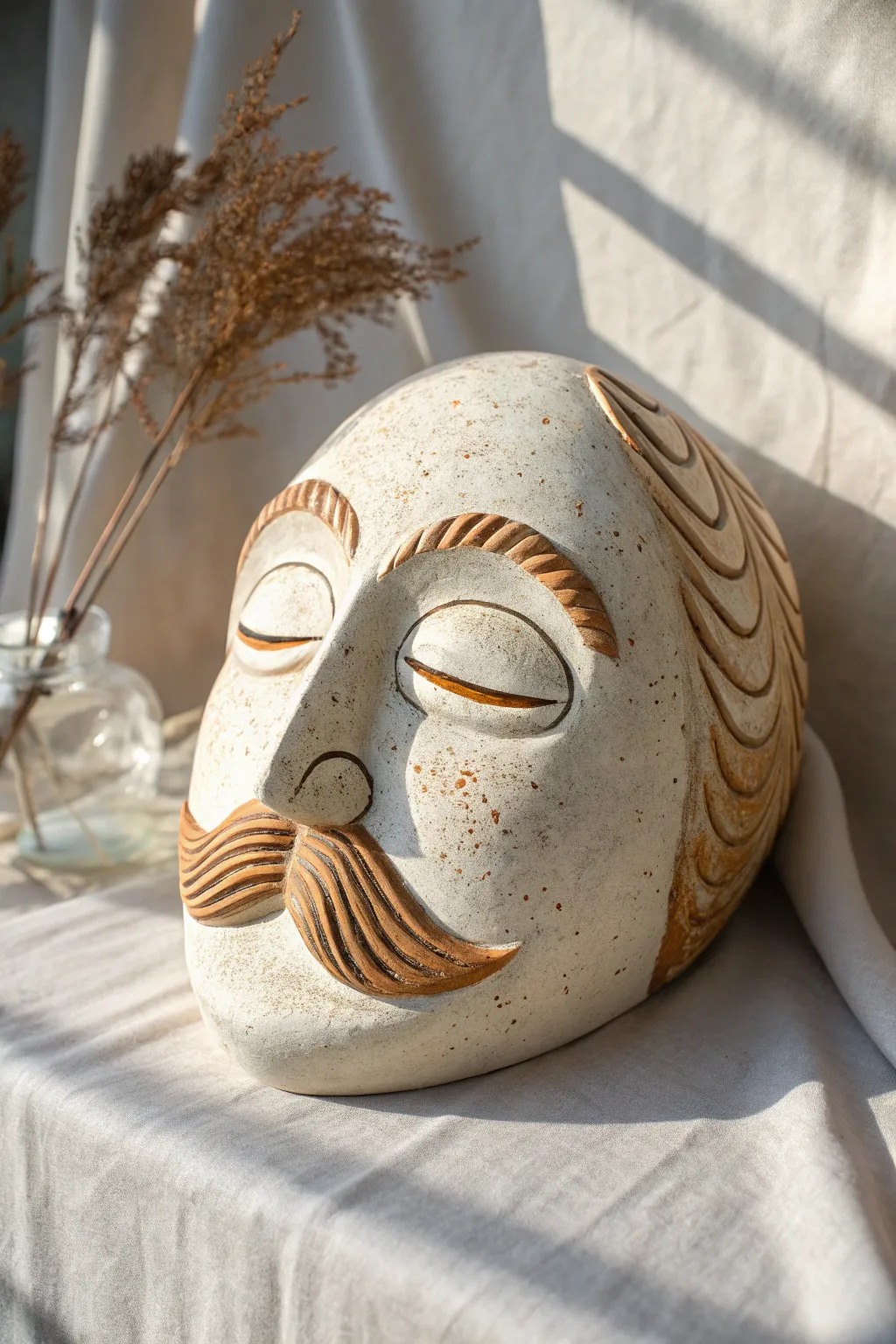 Whimsical mustachioed clay mask in soft two-tone glaze, minimalist boho charm for a cozy spa shelf.