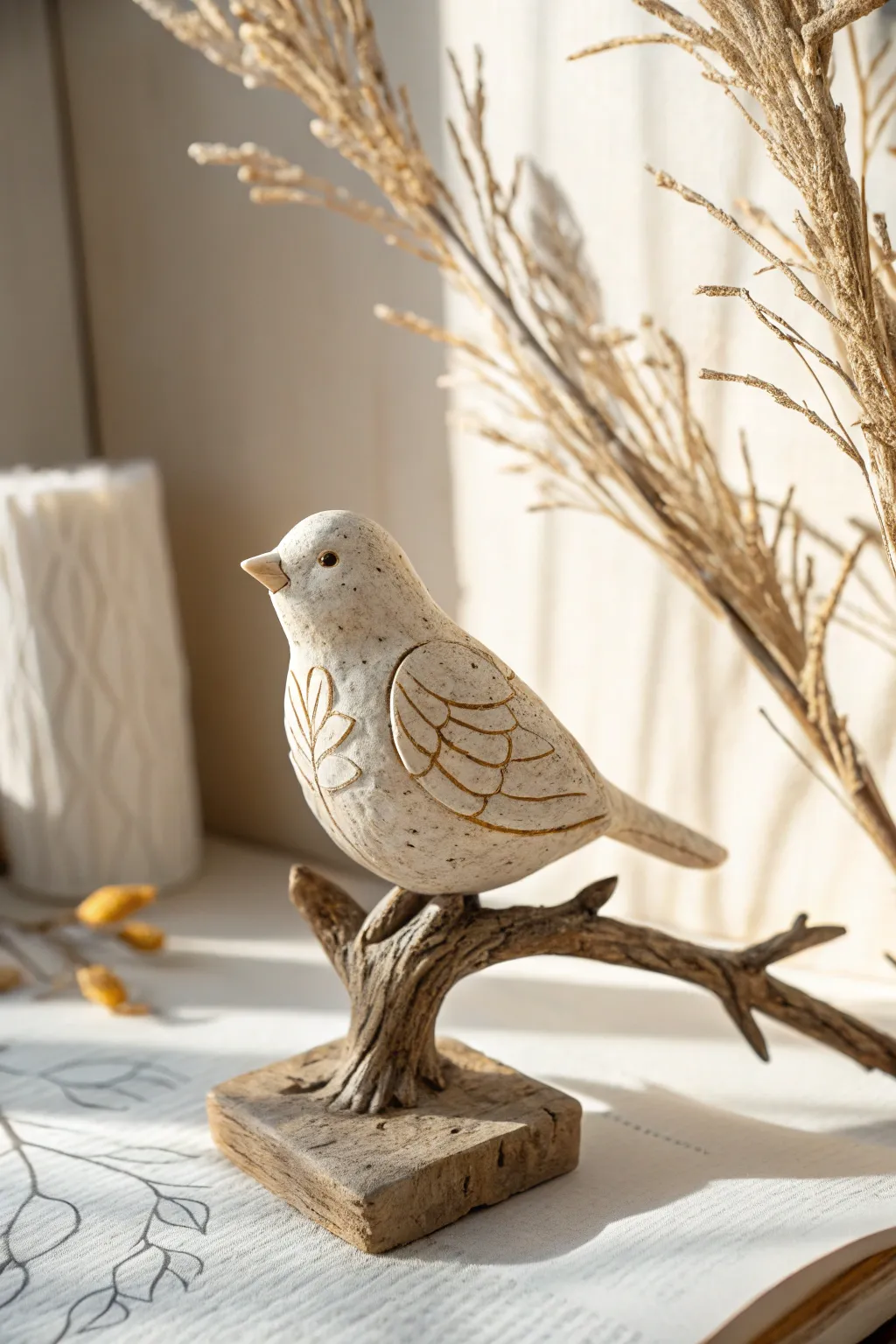 Minimal ceramic bird on a branch stand, matte glaze and delicate texture for calm boho decor.