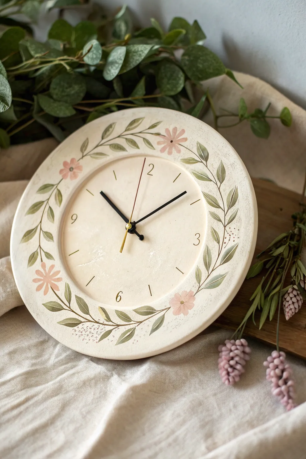 Minimal botanical ceramic clock with leaf impressions and a soft glaze wash for calm, handmade charm.