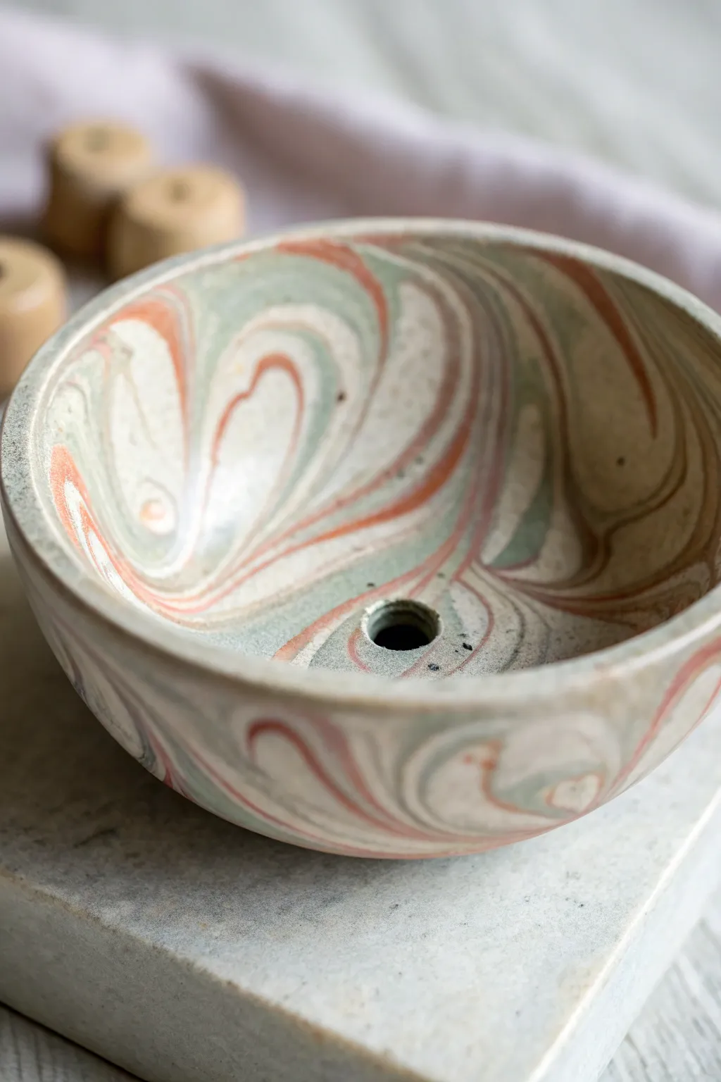 Soft marbled swirls in muted clay tones create a calm, stone-like finish for minimalist decor.