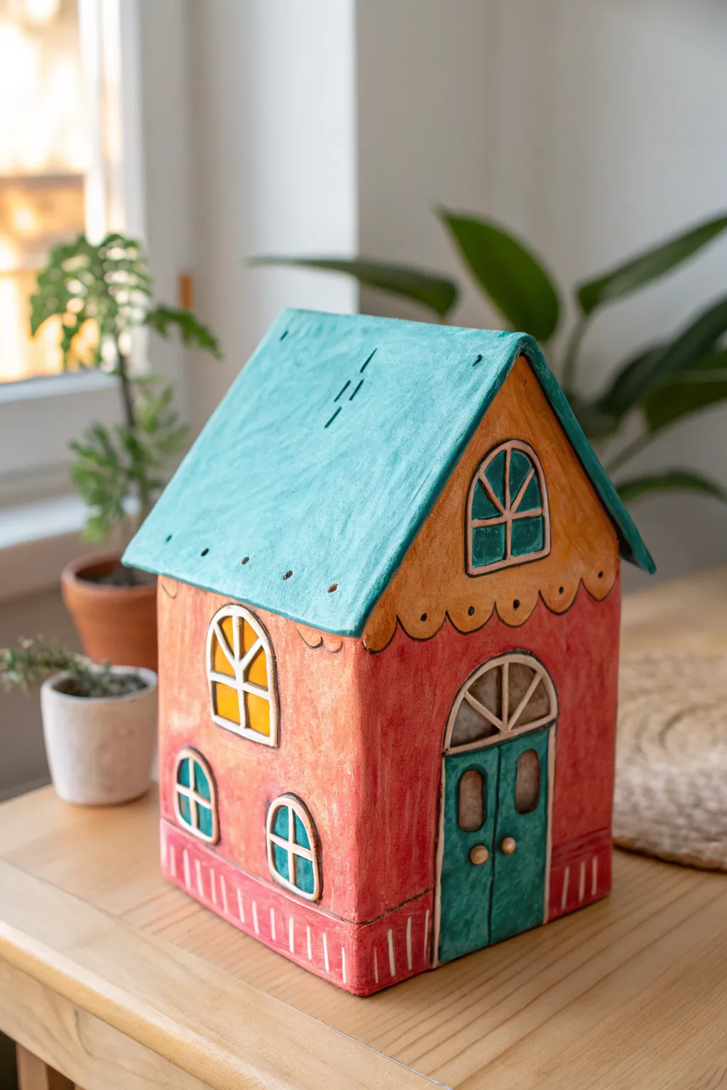 Bright painted ceramic fantasy house centerpiece with bold walls and contrasting roof on a clean surface