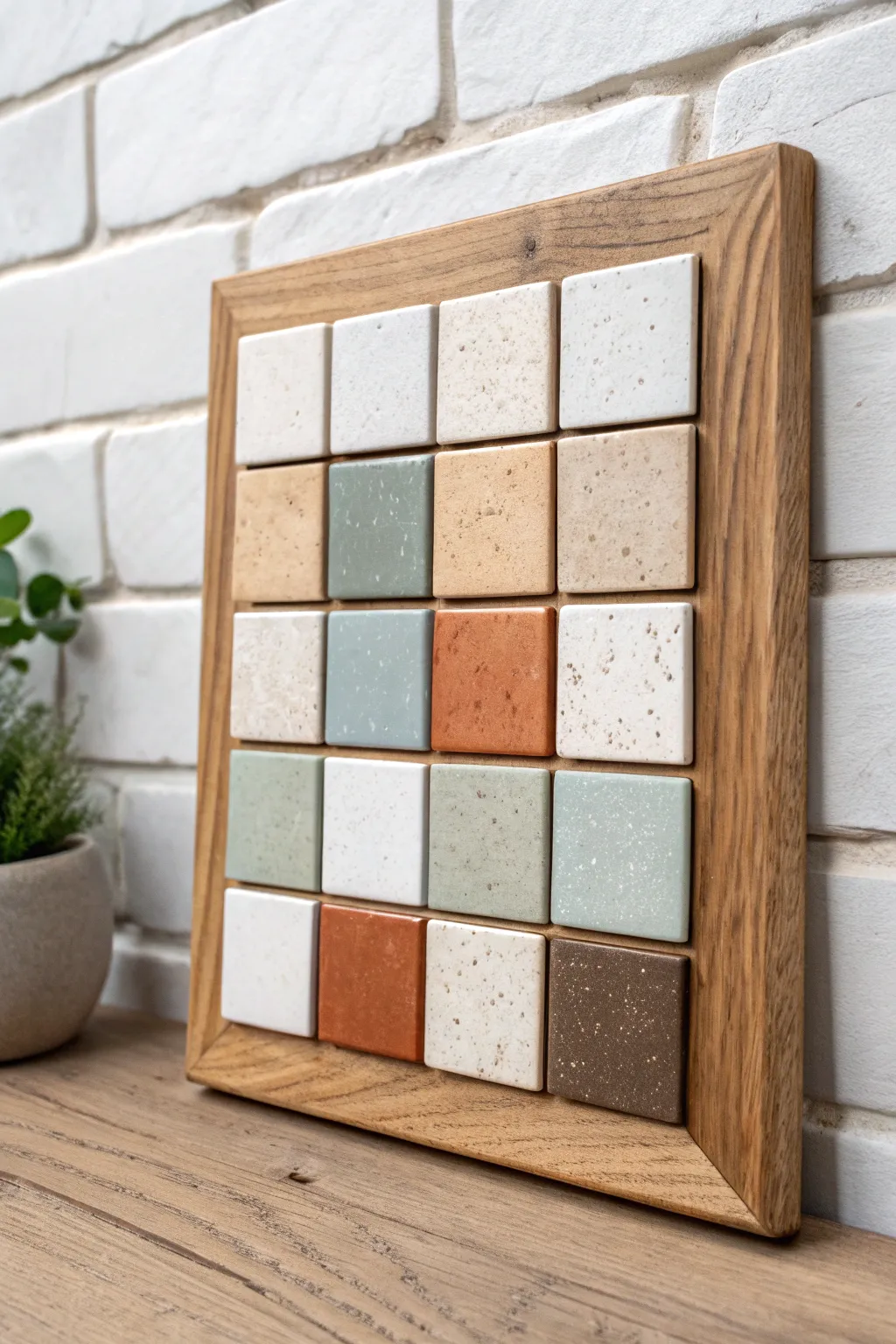 Glaze test tiles turned into minimalist wall art, showing beautiful layering and finish results.