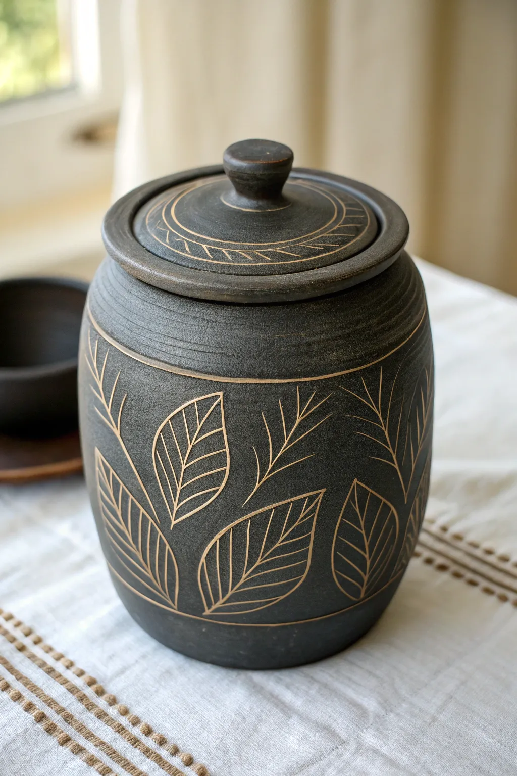 Dark sgraffito jar with crisp carved lines revealing warm clay beneath, simple and modern.