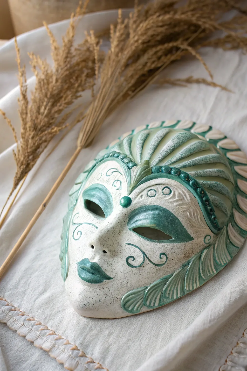 Ocean siren ceramic mask with shell impressions and wave textures in seafoam and deep teal