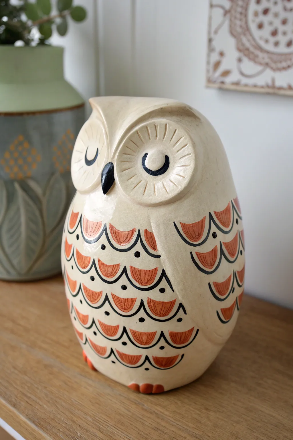 Two-tone scalloped feather swoops give this painted ceramic owl a crisp, cozy boho-minimal look.