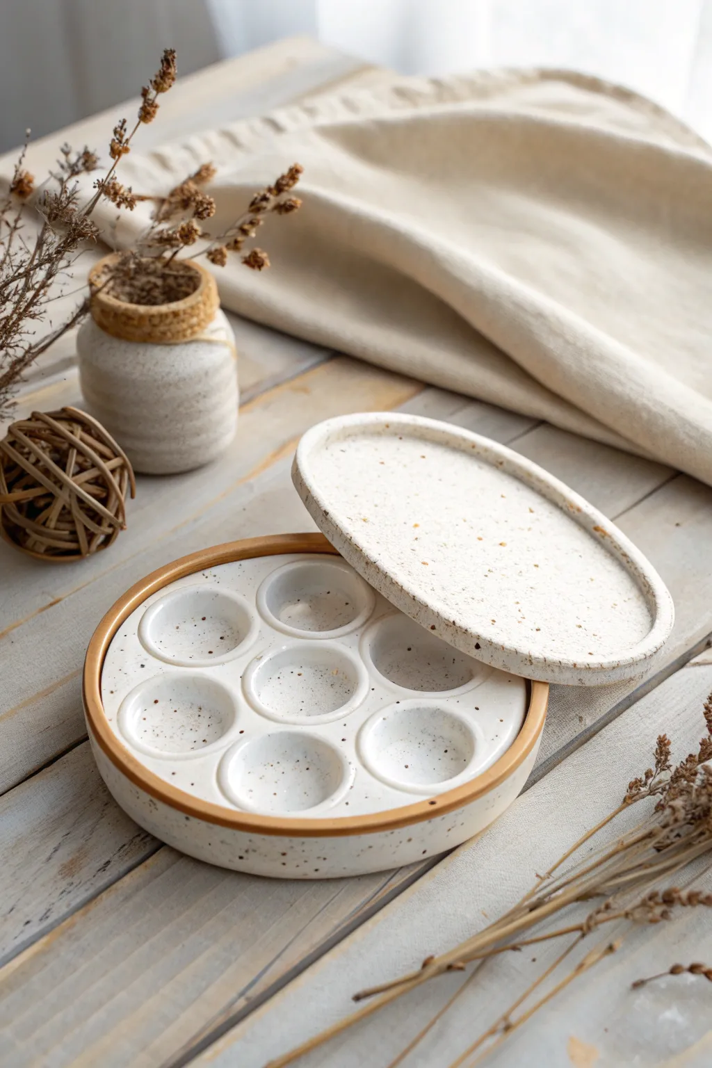 Lidded ceramic travel palette keeps your paints clean and ready for the next session.