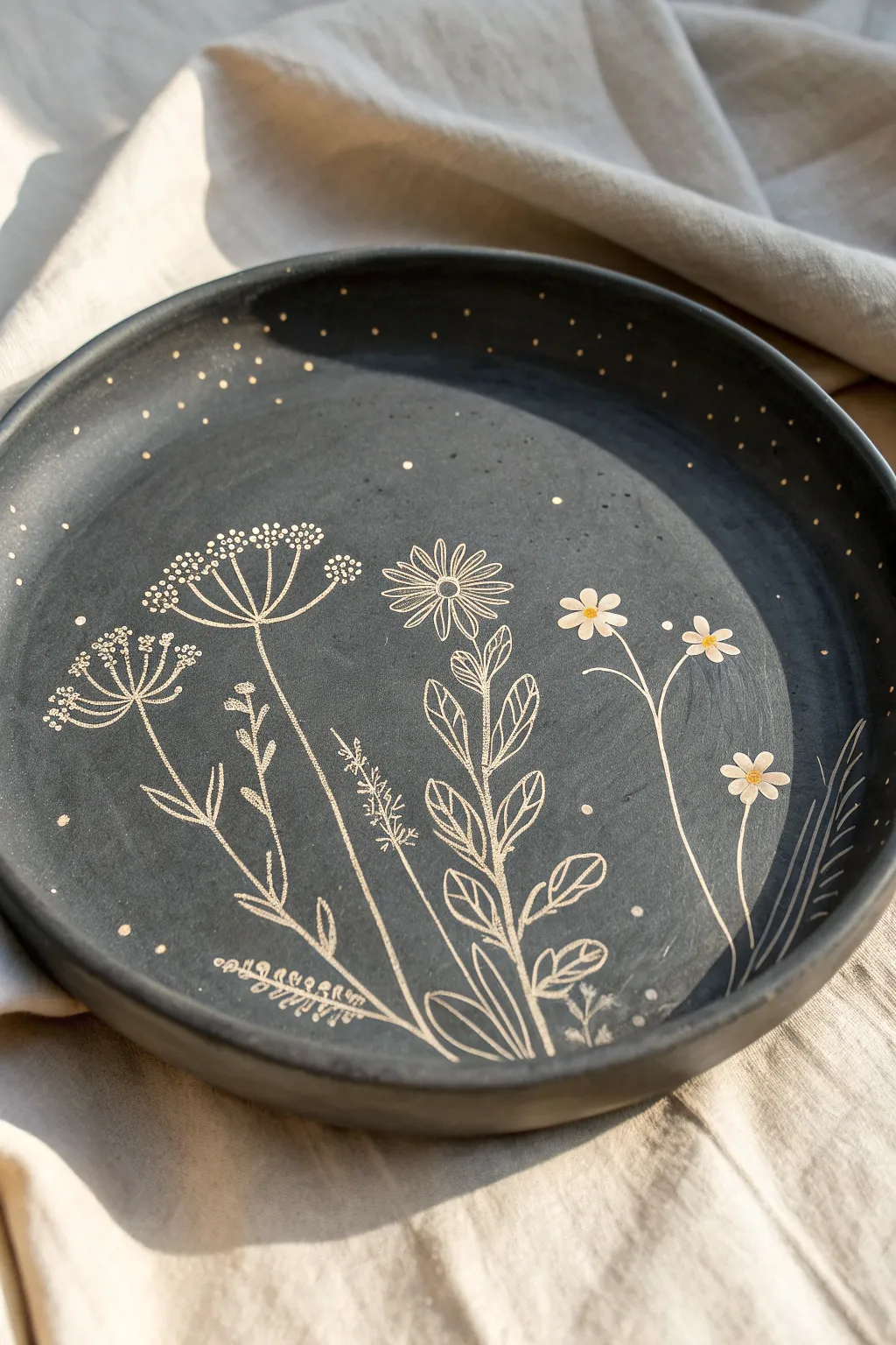 Matte charcoal sgraffito platter with simple floral sketches, minimalist and softly boho.