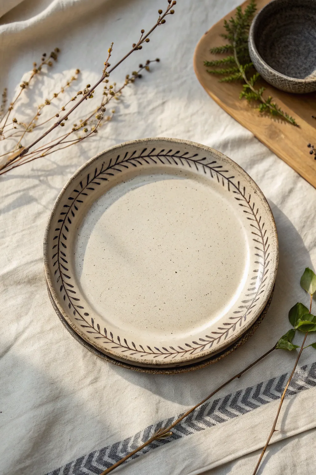Minimal sgraffito platter with a dark rim band and simple carved border for cozy Nordic style.