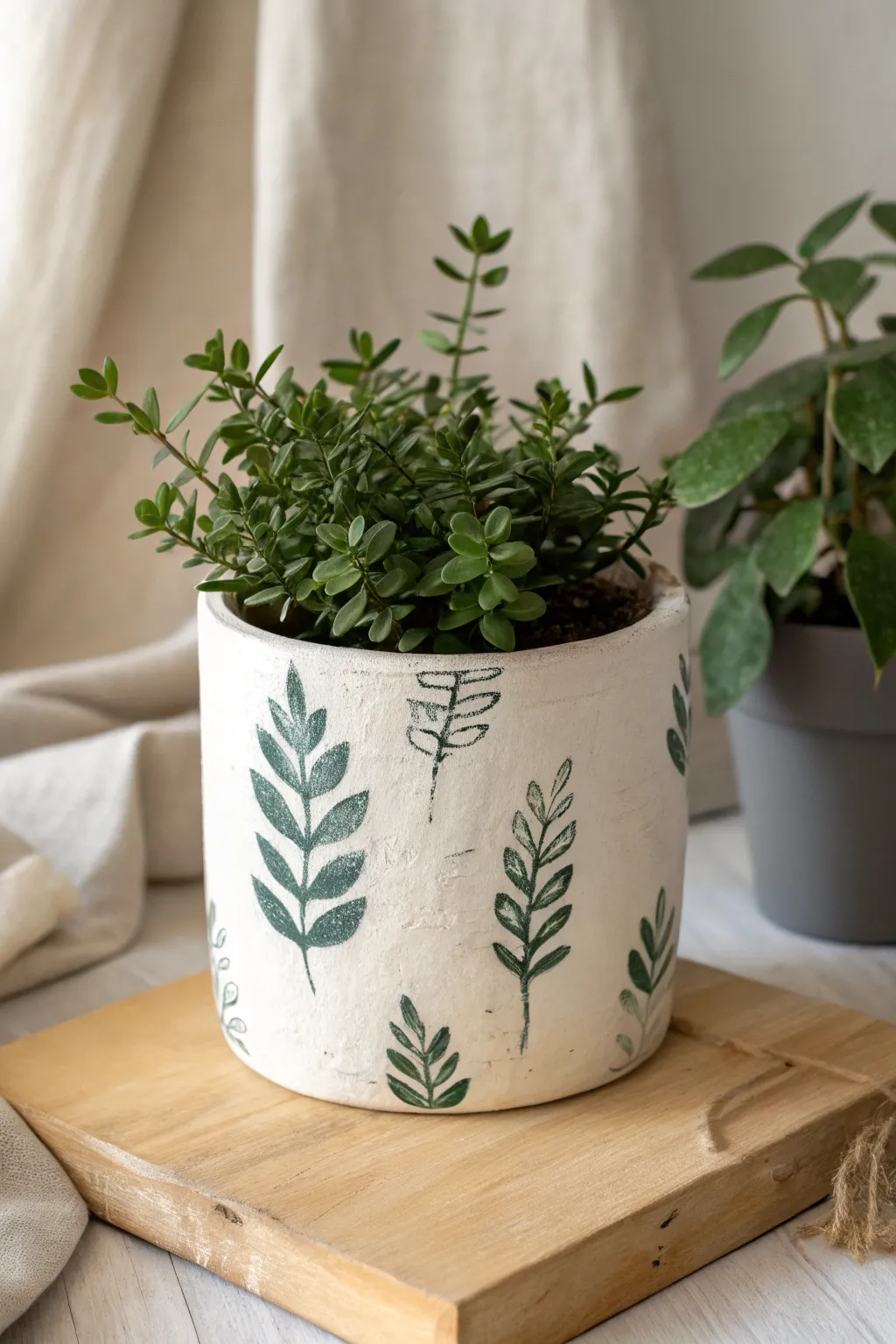 Minimal leaf silhouettes on a matte ceramic pot, styled with a compact plant for calm contrast.
