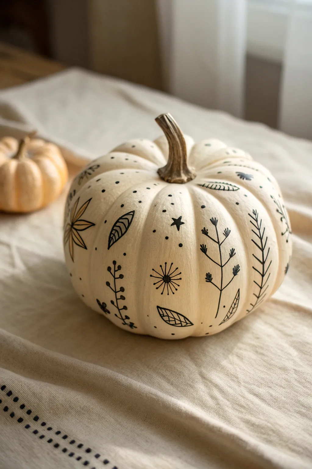Minimal ceramic pumpkin with crisp paint-pen doodles, clean icons, and cozy neutral contrast