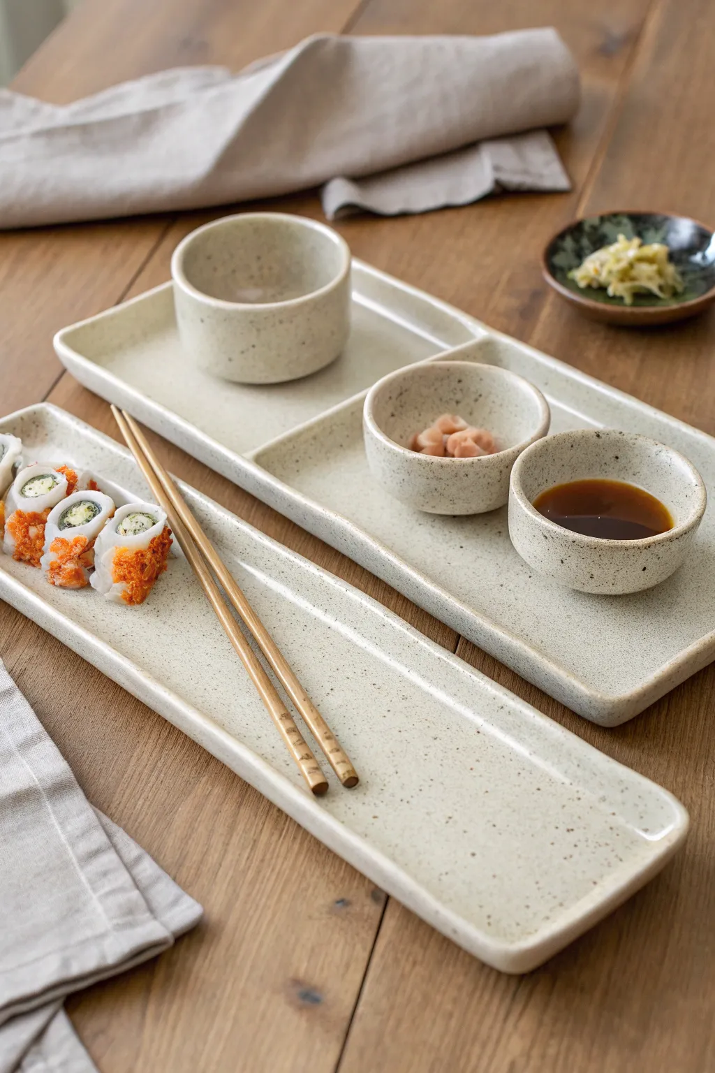 Speckled sushi set with long trays, dipping bowls, and chopstick rest in calm Nordic style