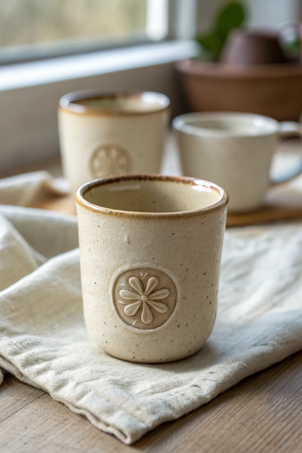 Minimalist espresso cup set with a six-petal flower medallion stamp for a cohesive handmade look