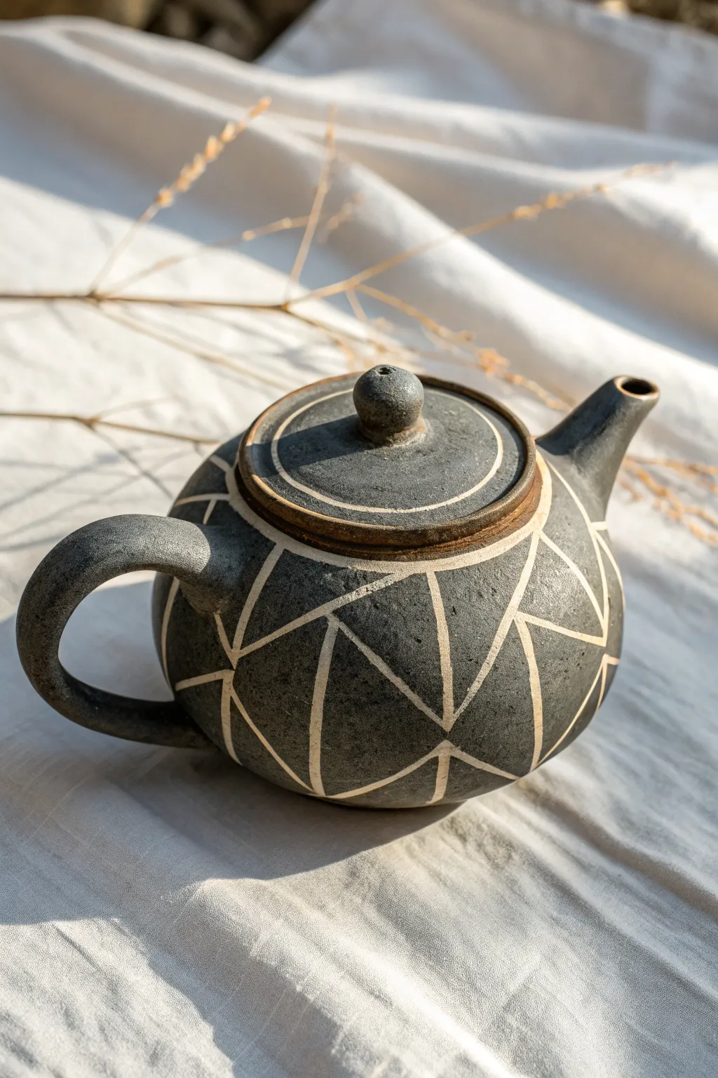 Bold sgraffito teapot: dark slip, crisp carved lines, and warm clay contrast in soft light