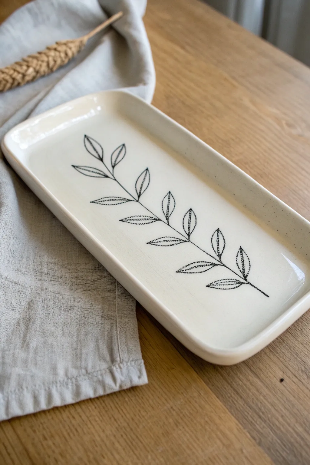 Minimal botanical line art tray in matte off-white, a clean Scandinavian accent with boho warmth