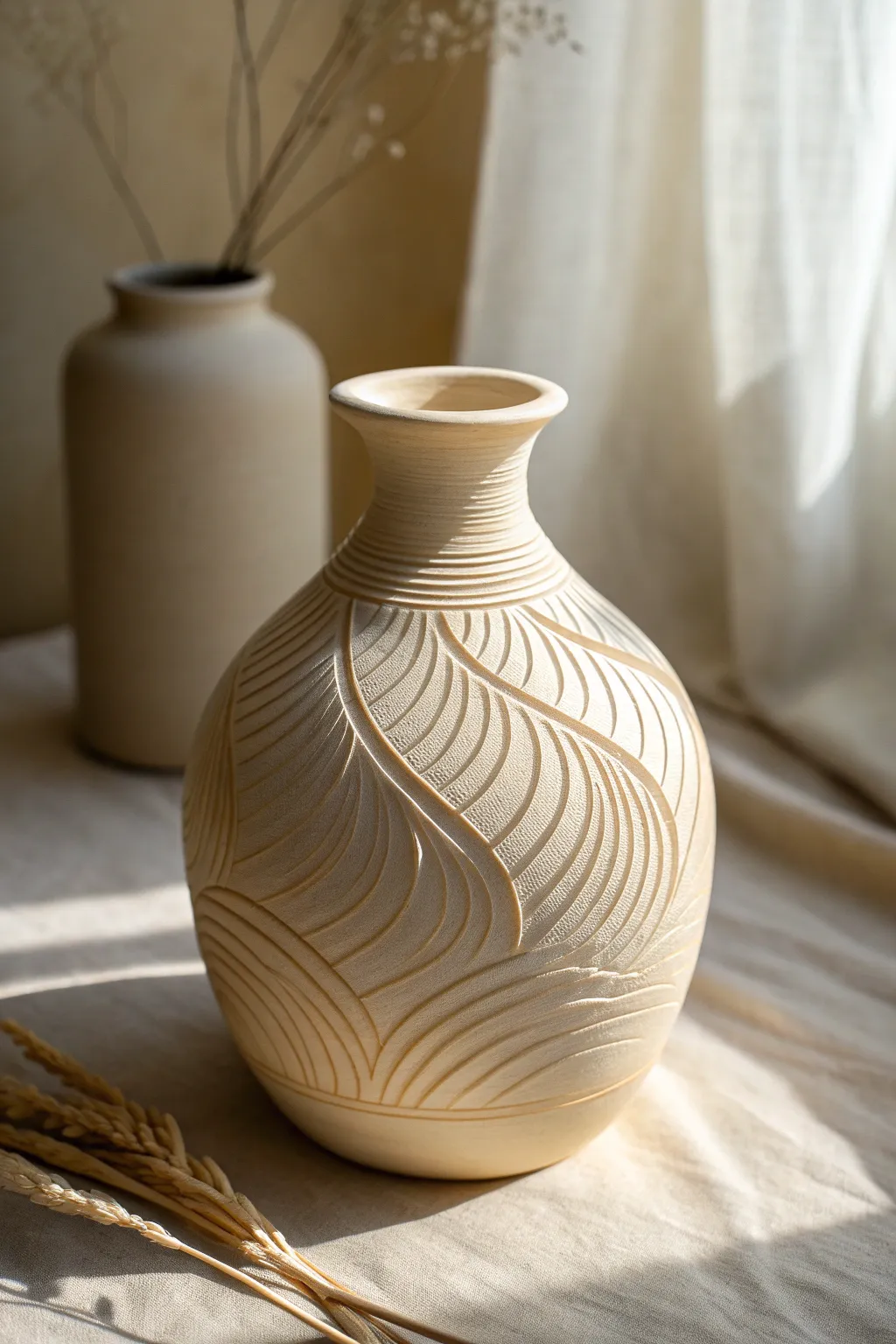 Matte sgraffito vase with soft wave carvings, side-lit to highlight every handmade groove.