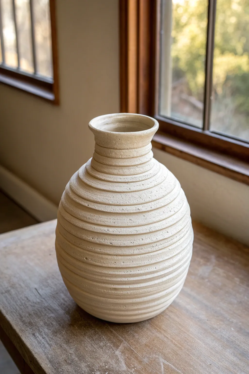 Simple coiled vessel with visible ridges and a calming single-tone glaze, beautifully minimal