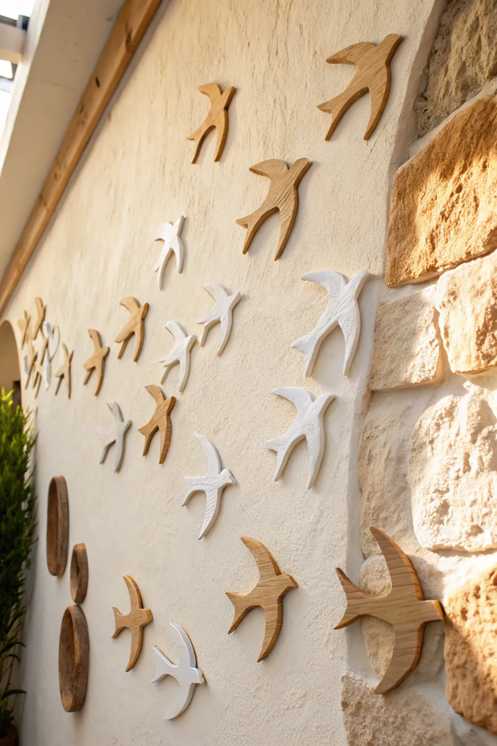 Minimal ceramic bird flock wall art in soft sand tones, a calm swooping statement piece.