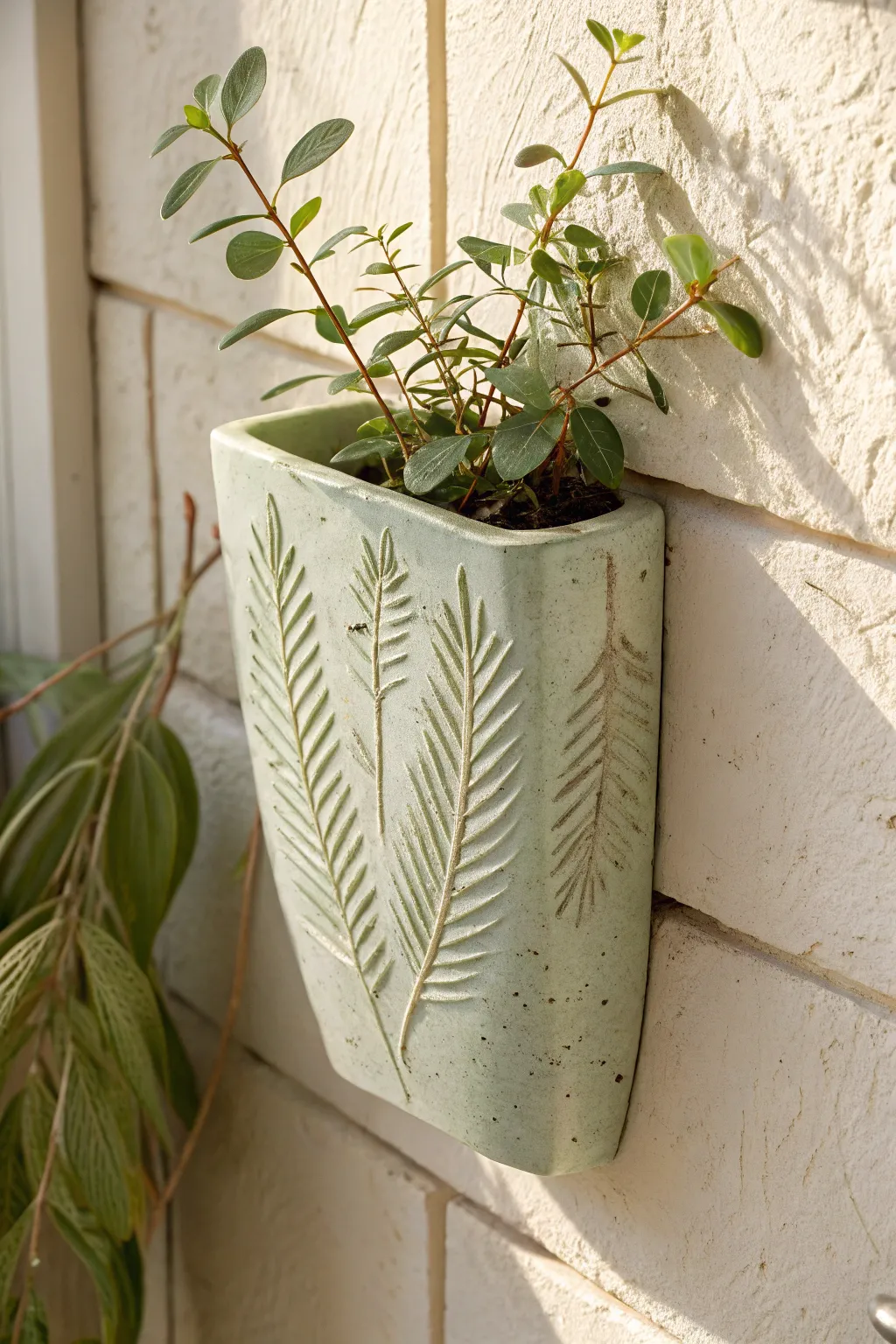 Leaf-imprint ceramic wall pocket in soft sage glaze, styled with delicate trailing greenery
