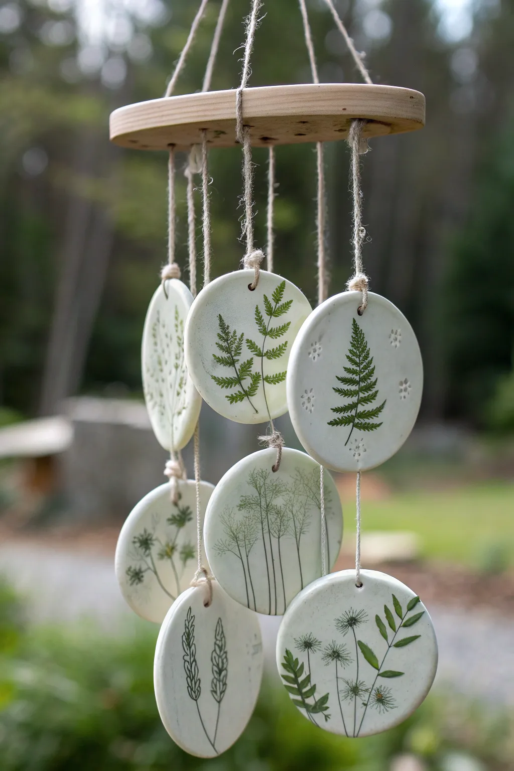 Stamped botanical ceramic wind chime with translucent glaze, set against dark greenery.