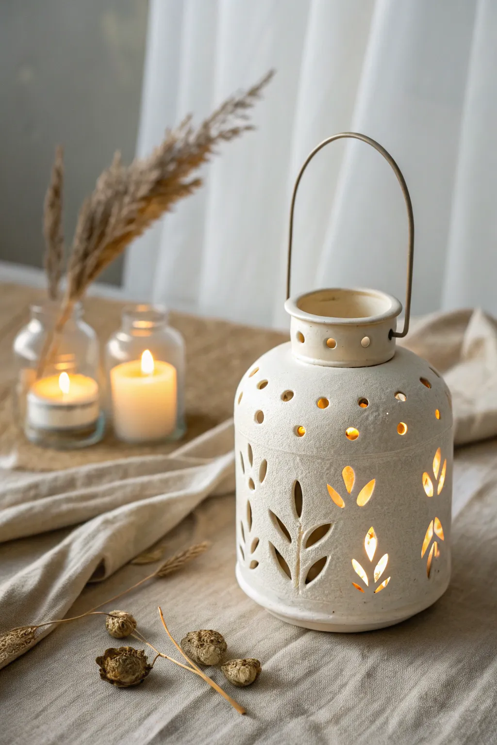 Minimal pierced ceramic lantern casting cozy light patterns for a beautiful final project