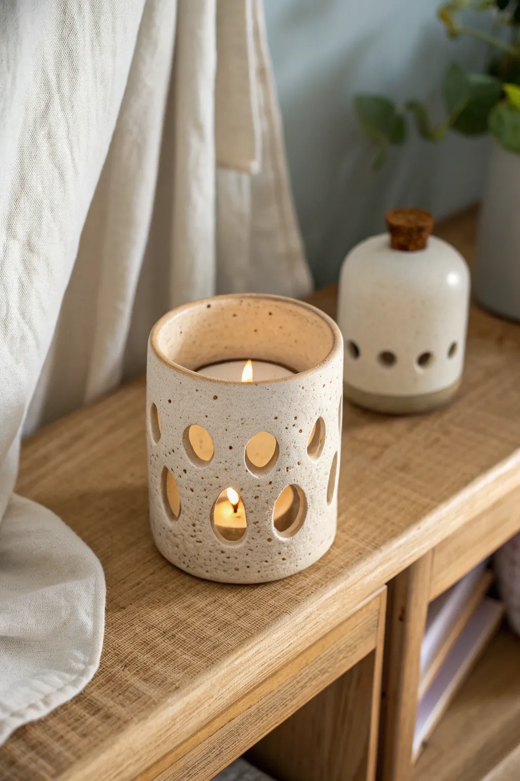 Beginner ceramic tea light holder with simple cutouts, warm glow, and clean shadows