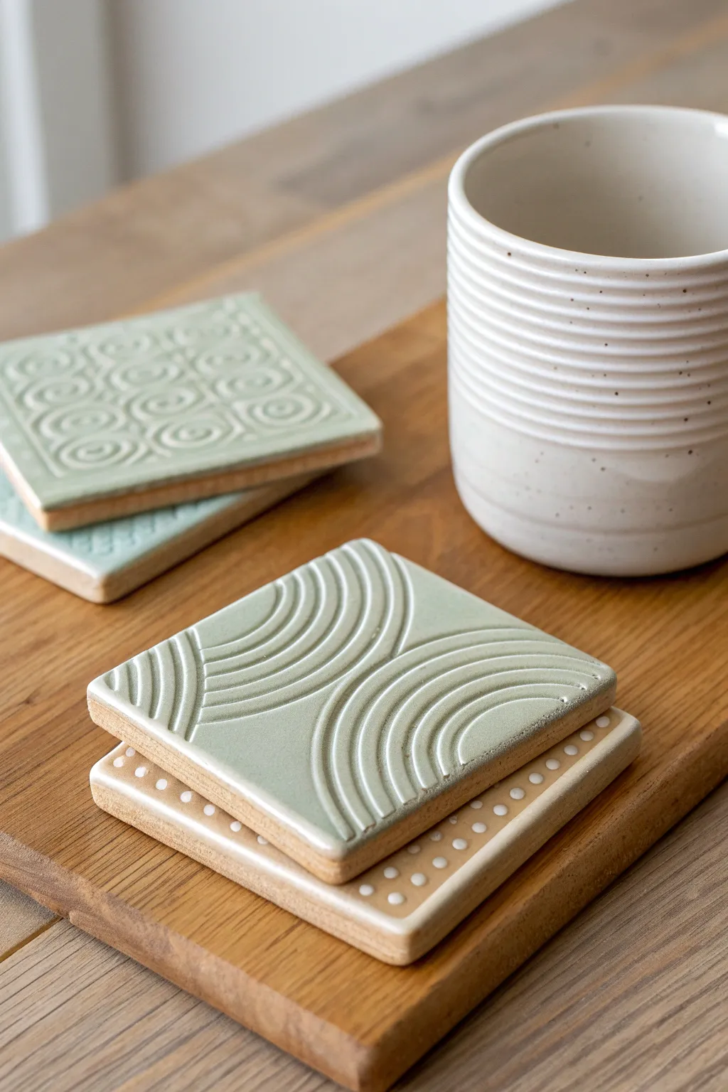 Simple carved ceramic tile coasters in soft two tone glaze, styled with a minimal cup