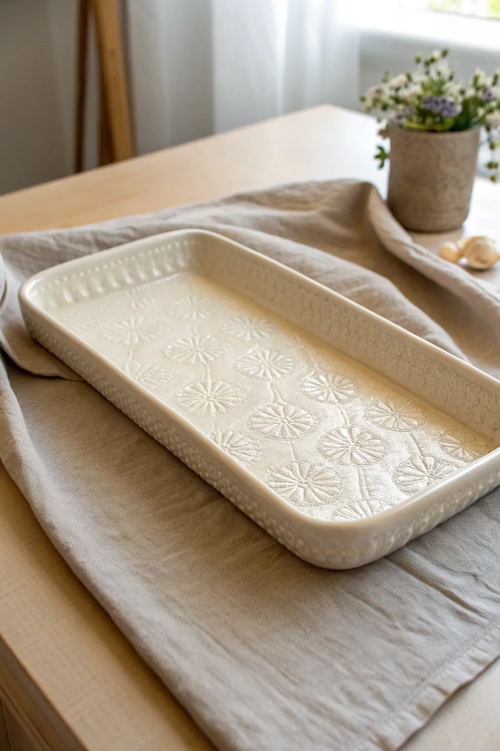 Clear-glazed lace imprint tray with crisp texture and calm Scandinavian minimal styling