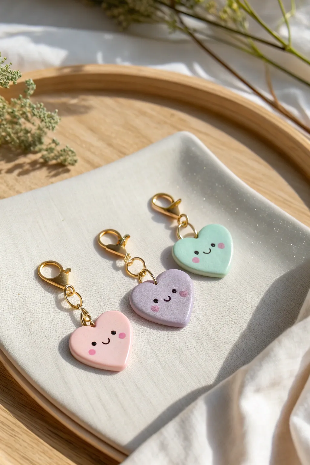 Pastel heart face charms in pink, lavender, and mint, glossy and sweet on linen.