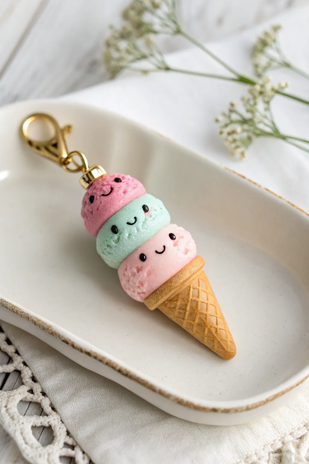 Sweet mini ice cream scoop charm in pink and mint, simple face, clean Scandinavian styling.