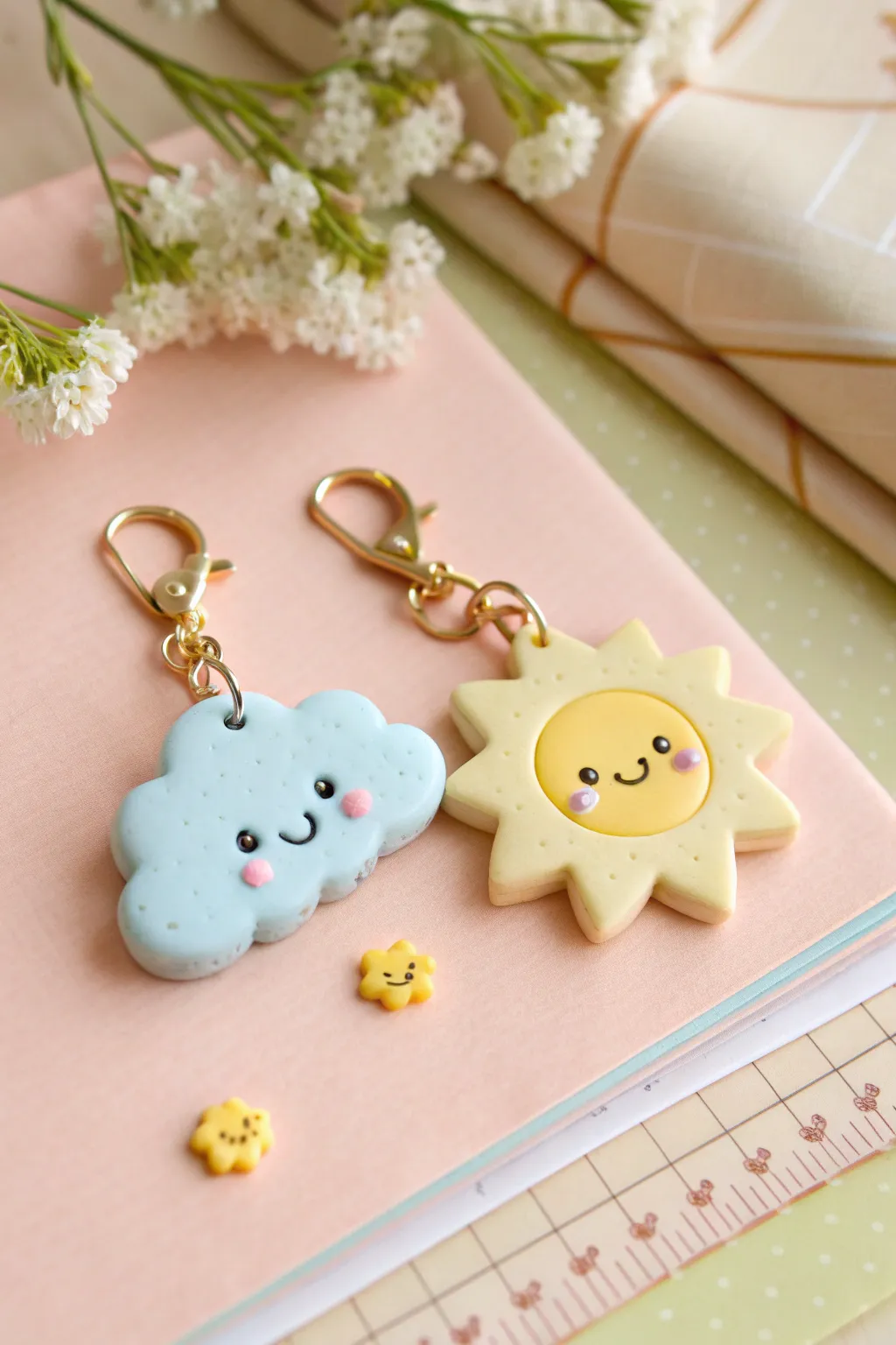 Puffy cloud and sun buddy charms in soft pastels, a minimal kawaii set for bags and keys.